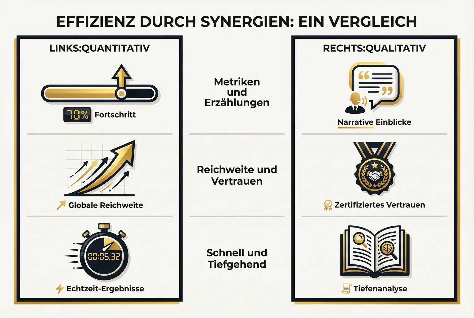 Eine Grafik, die quantitative Metriken (wie Follower) qualitativen Indikatoren (wie Buchrezensionen) gegenüberstellt.