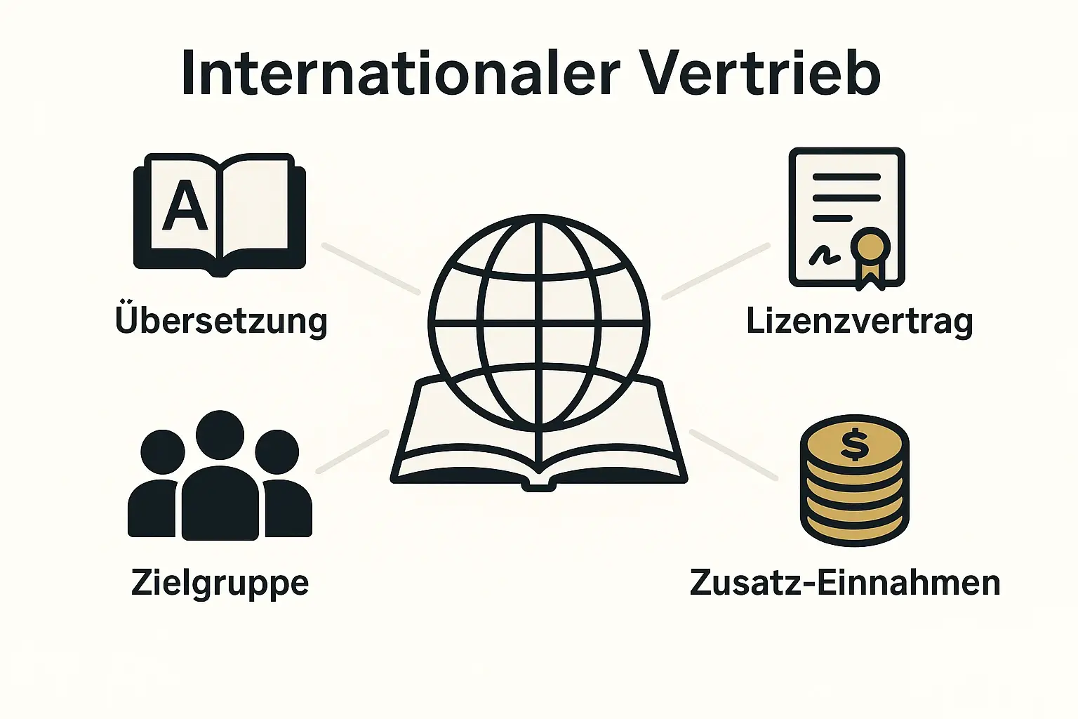 Dieses Bild visualisiert die zentralen Aspekte des internationalen Buchvertriebs und der Lizenzierung als Grundlage für globale Autorität.