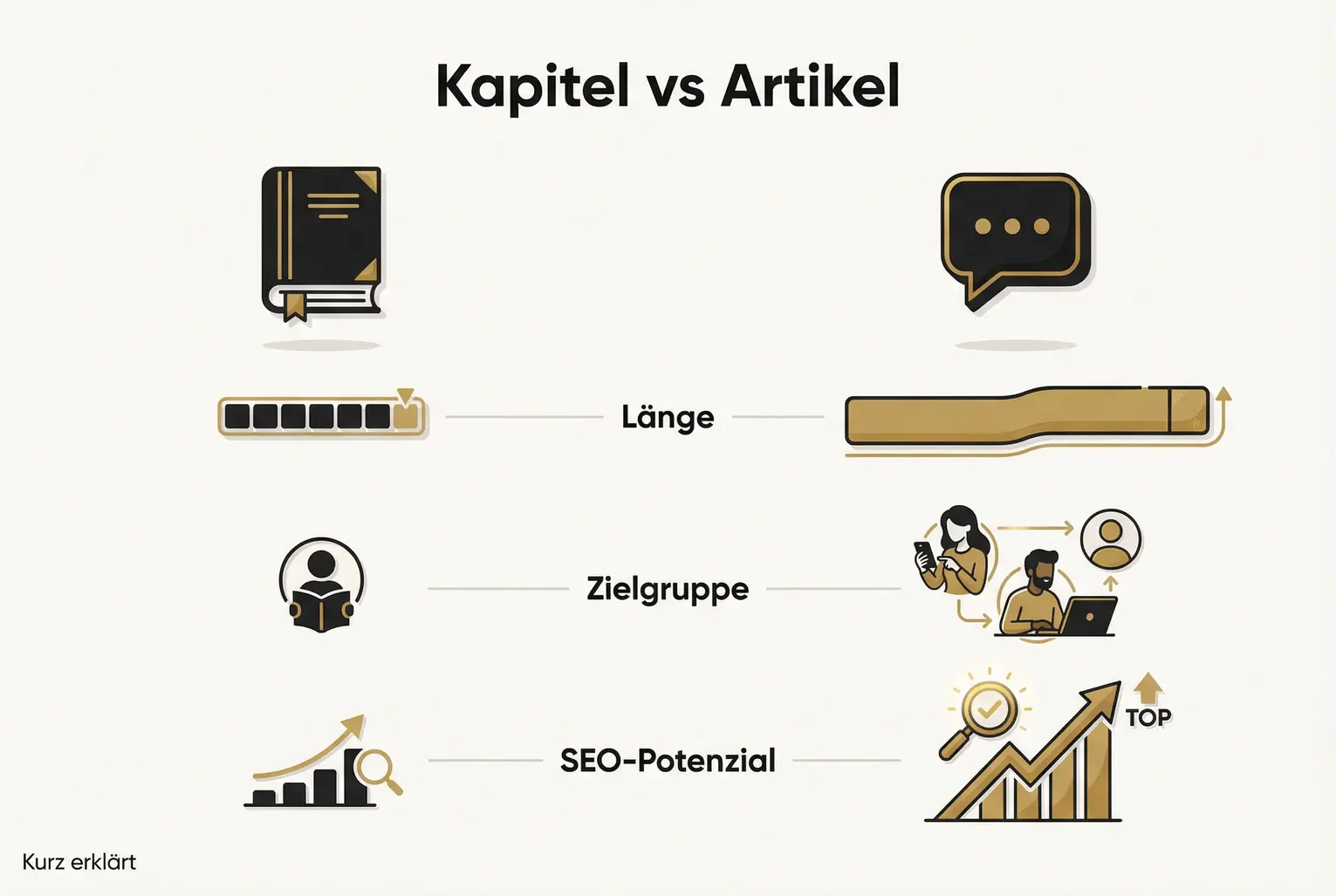 Vergleich: Drei Kernunterschiede zwischen Buchkapiteln und Blogartikeln (Länge, Zielgruppe, SEO-Potenzial) helfen Autoren, Repurposing-Prioritäten zu setzen.