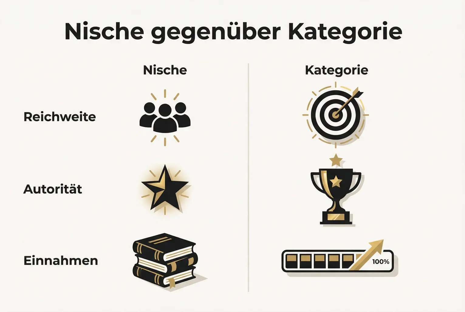 Das Grid macht messbare Unterschiede zwischen Nische und Kategorie sichtbar und zeigt, welche Kennzahlen zur Messung von Kategorie-Dominanz wichtig sind.
