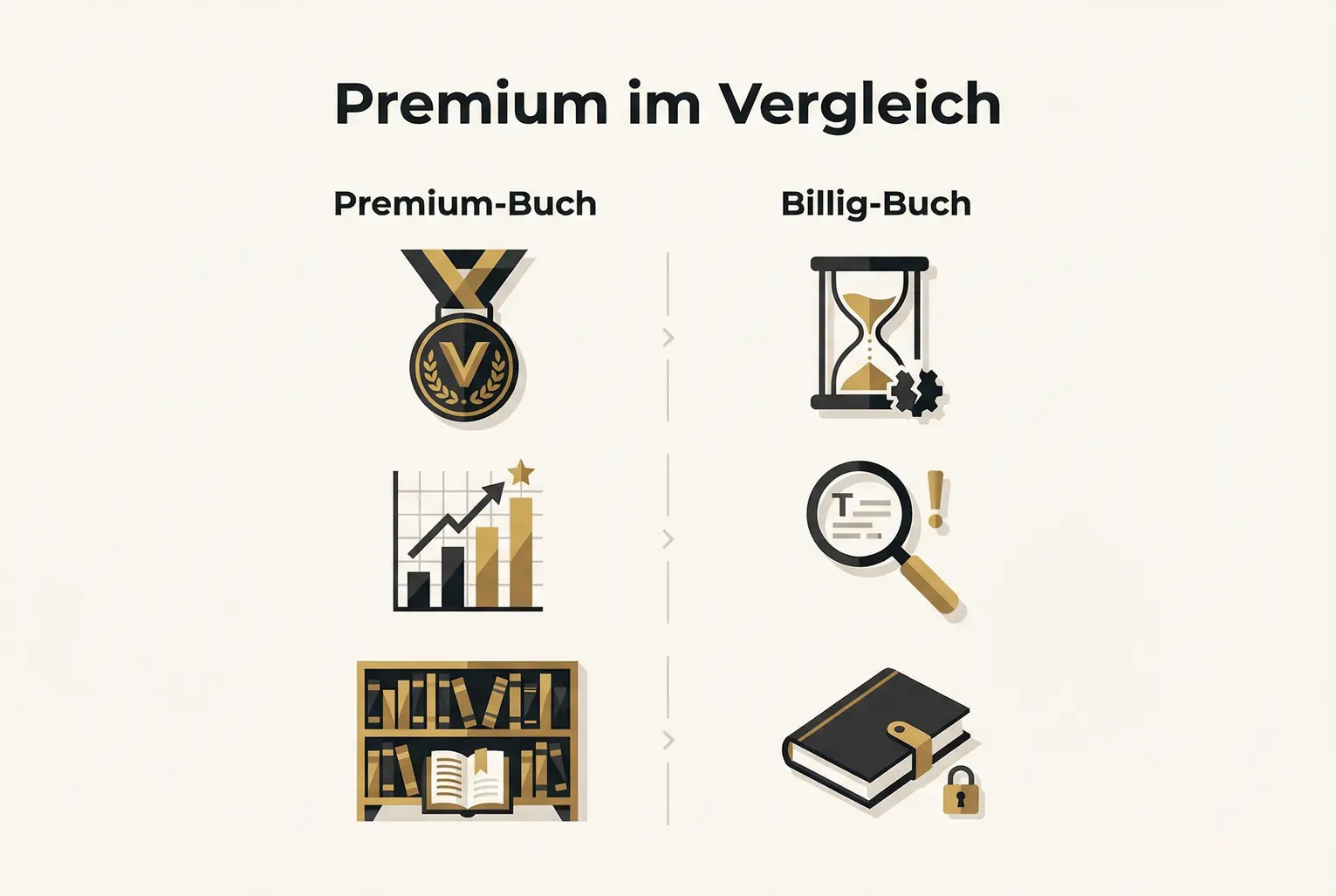 Klare Gegenueberstellung wichtiger Kriterien: So unterscheidet sich die Wahrnehmung und Wirkung eines Premium-Buchs von einem billig wahrgenommenen Produkt.