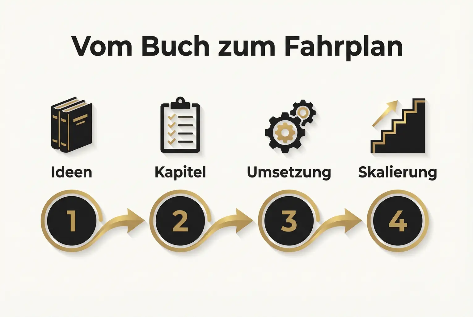 Klarer Ablauf von der Ideenfindung über Kapitelplanung zur Umsetzung und Skalierung. Perfekt, um MOFU-Leser den operativen Fahrplan zu zeigen.
