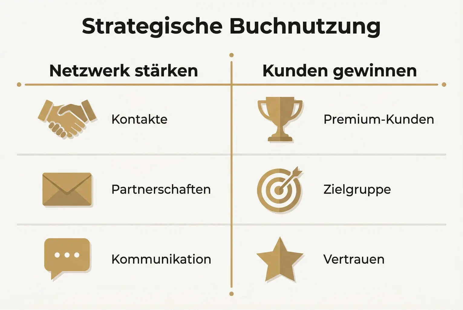 Das Bild vergleicht strategische Möglichkeiten, wie ein Buch für Netzwerkaufbau und Kundenakquise effektiv genutzt werden kann.