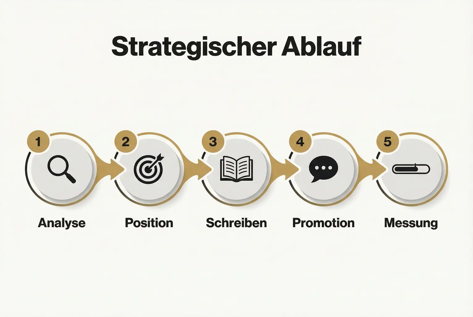 Der Ablauf visualisiert die operative Roadmap: Von Analyse über Positionierung und Schreiben bis zur Promotion und Messung der Wirkung des Buchs.