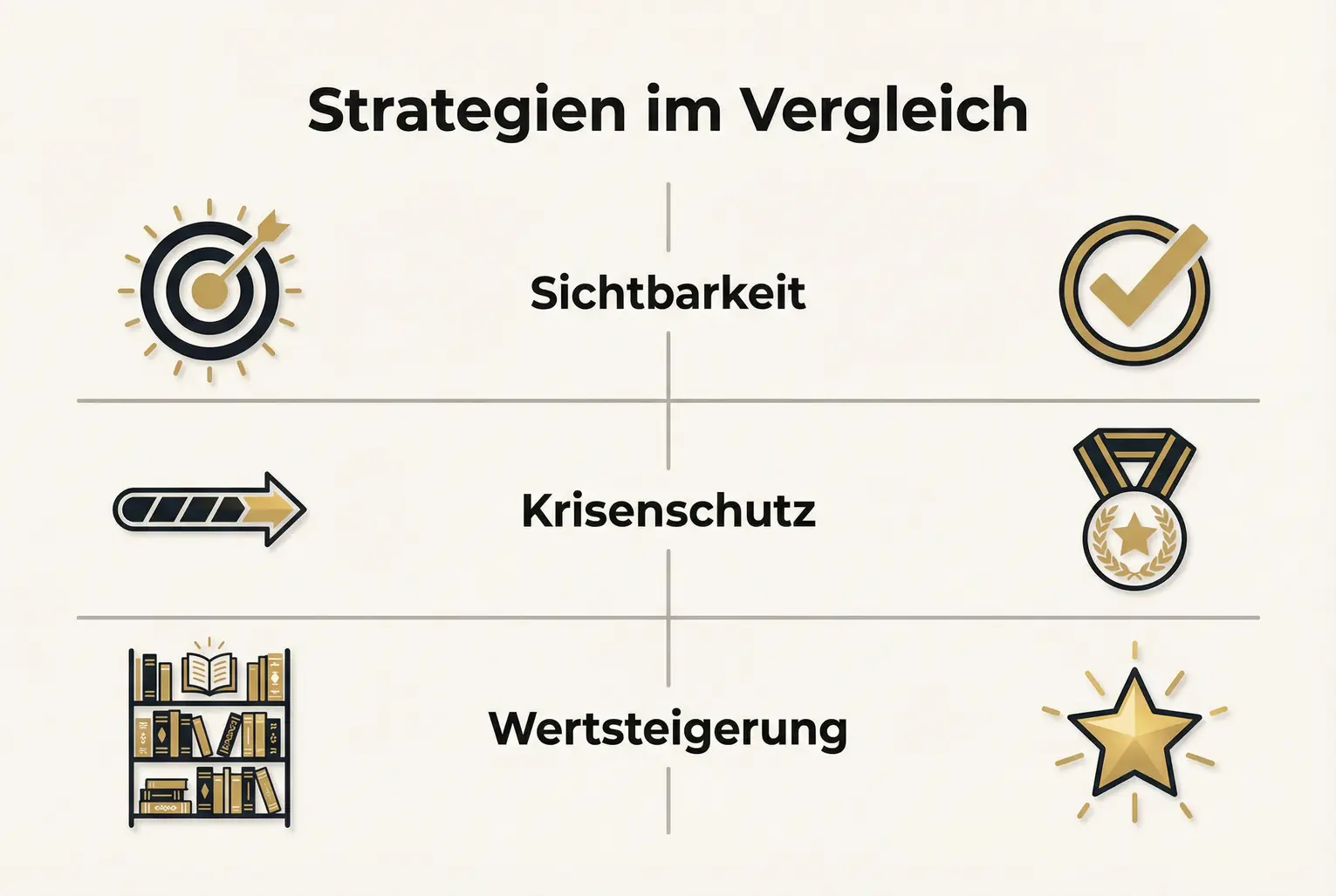 Das Grid zeigt nebeneinander präventive und reaktive Maßnahmen, sodass Autoren schnell die richtige Strategie für Sichtbarkeit, Schutz und Wertsteigerung erkennen können.