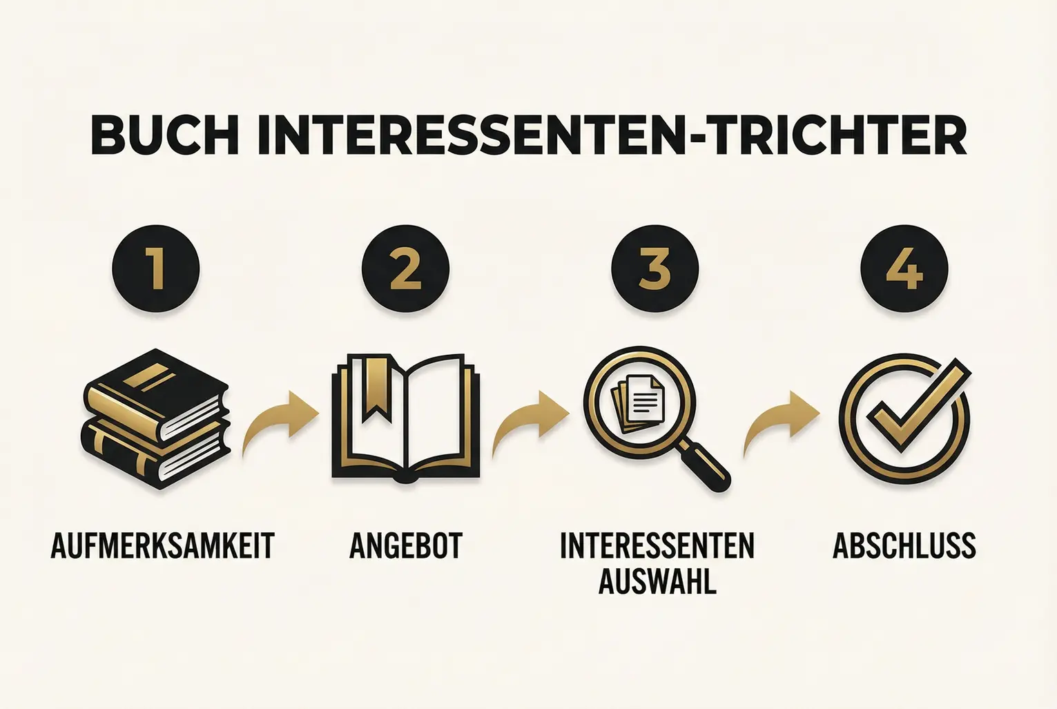 Der Ablauf visualisiert, wie Buchmarketing systematisch Interessenten generiert, filtert und in Abschlüsse verwandelt — ein praktischer Fahrplan für langfristigen ROI.