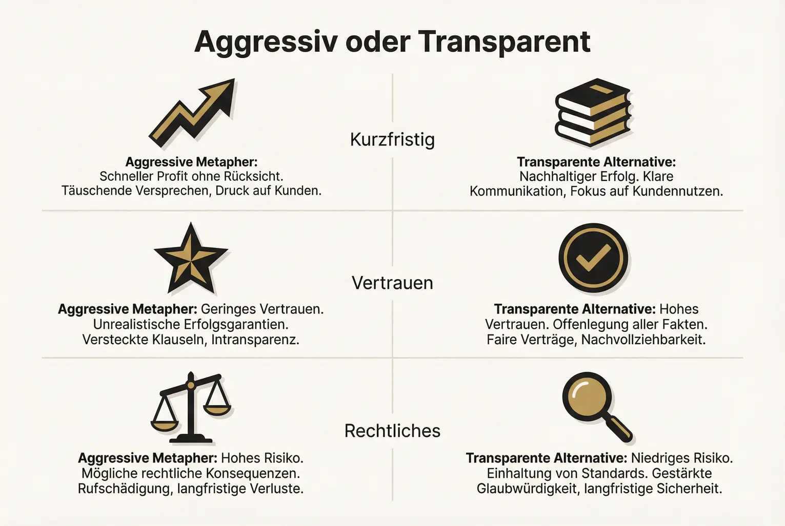 Vergleichsgrafik, die kurzfristige Gewinne durch aggressive Taktiken den langfristigen Vertrauens- und Rechtsrisiken gegenüberstellt und transparente Alternativen empfiehlt.