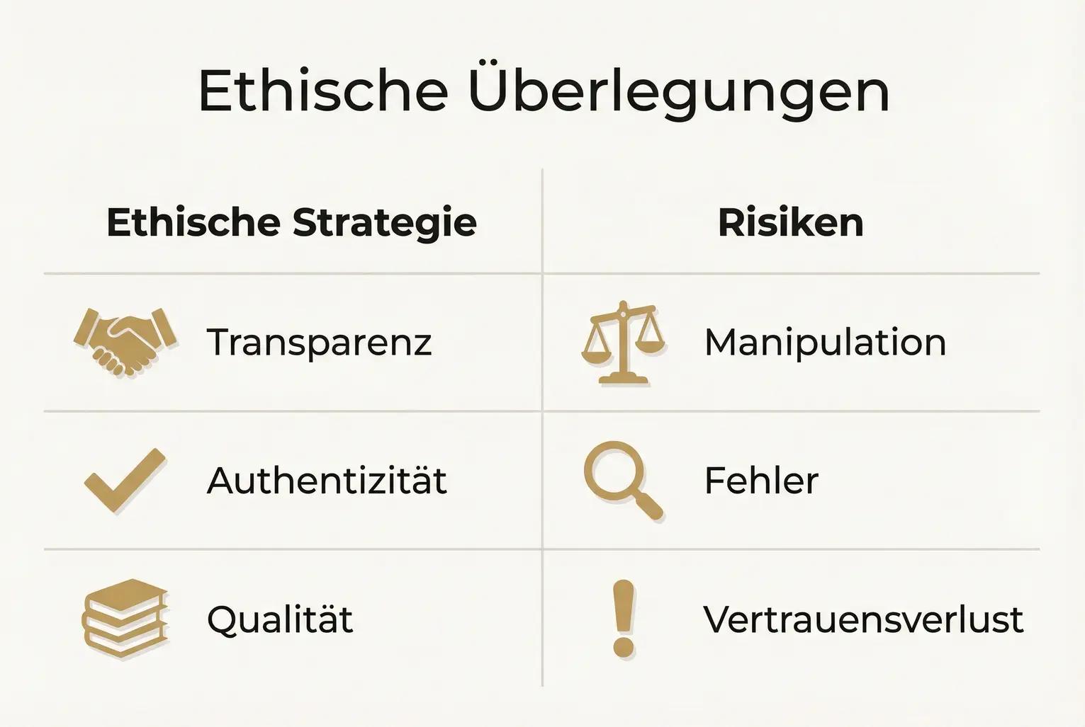 Diese Grafik erklärt die Unterschiede zwischen ehrlichen Strategien und möglichen Risiken wie Manipulation und Vertrauensverlust bei der Cross-Kategorie-Strategie.