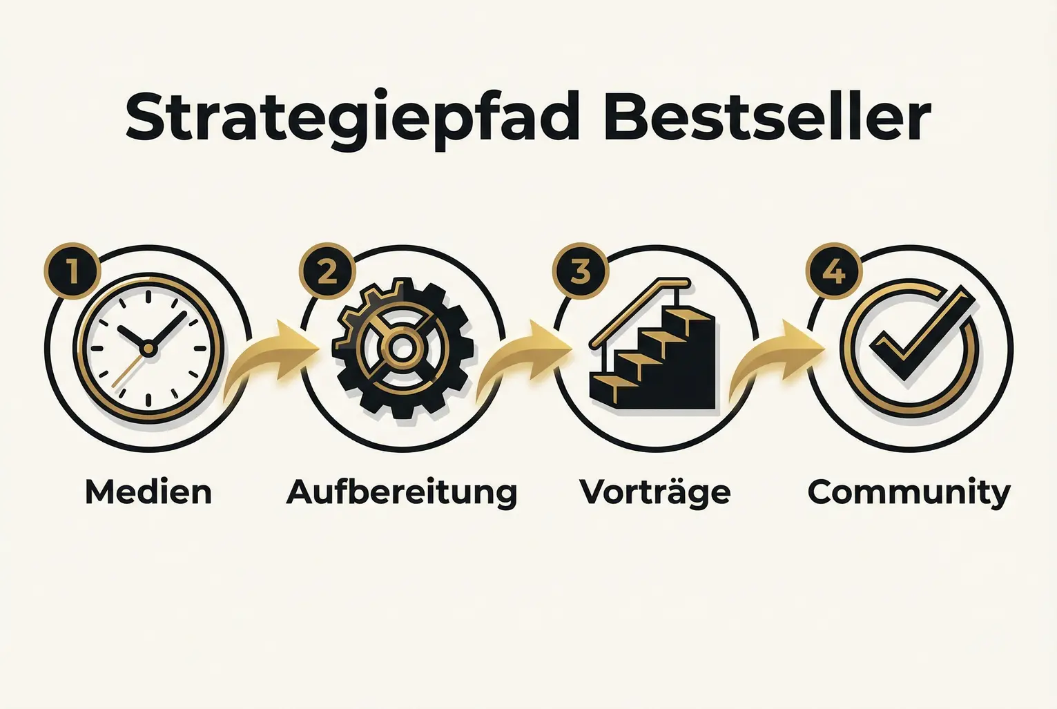 Stellt einen klaren, vierstufigen Ablauf dar, mit umsetzbaren Schritten, um einen Bestseller in langfristige Sichtbarkeit und Community-Bindung zu verwandeln.
