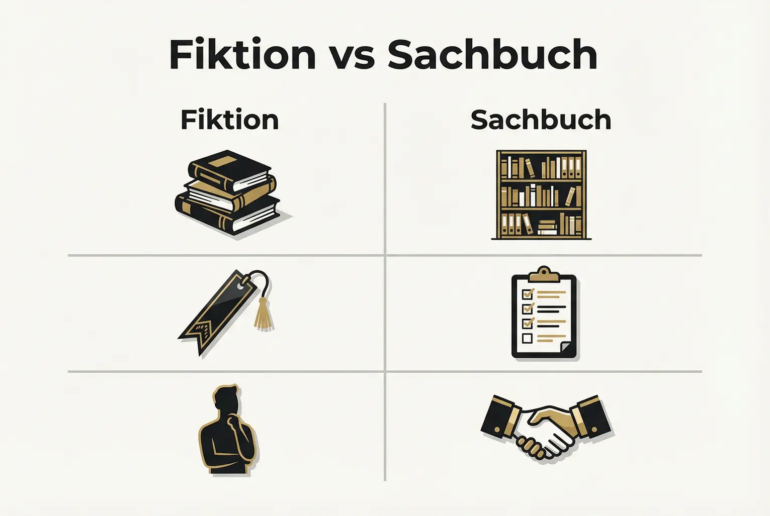 Vergleicht klare Strategie-Unterschiede zwischen Fiktion und Sachbuch: Icons zeigen, welche Hebel (Marketing, Aufbereitung, Expertenaufbau) jeweils wichtiger sind.
