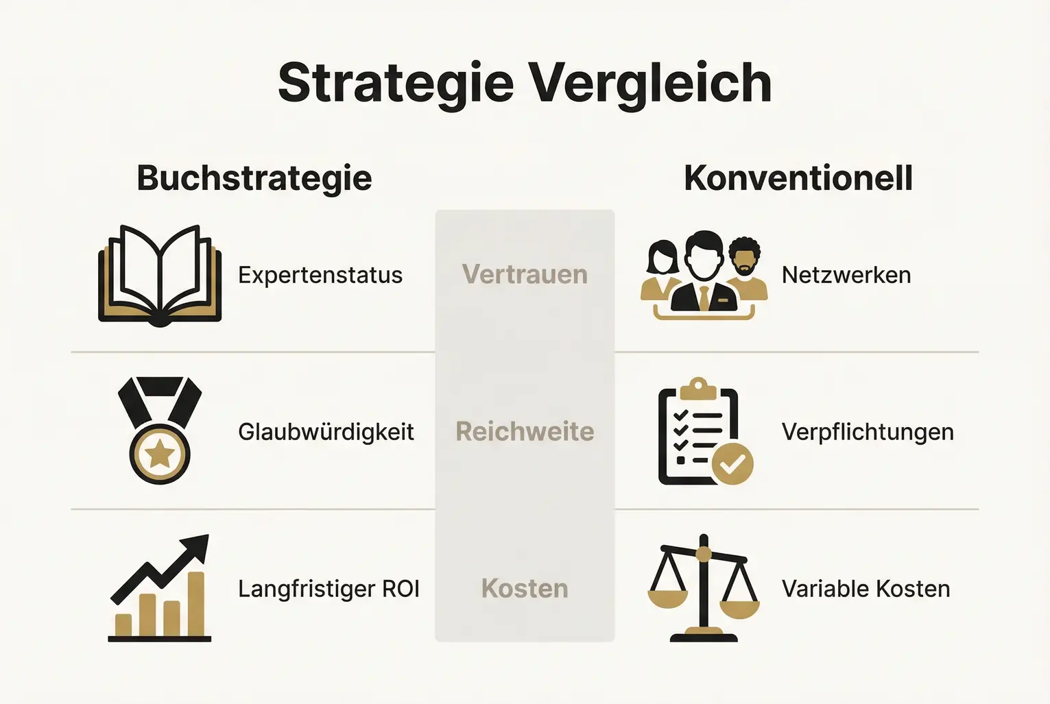 Gegenüberstellung von Buchstrategie und konventionellem Recruiting in drei Entscheidungsfeldern: Vertrauen, Reichweite und Kosten. Hilft bei der Auswahl der richtigen Maßnahme zur Talentgewinnung.