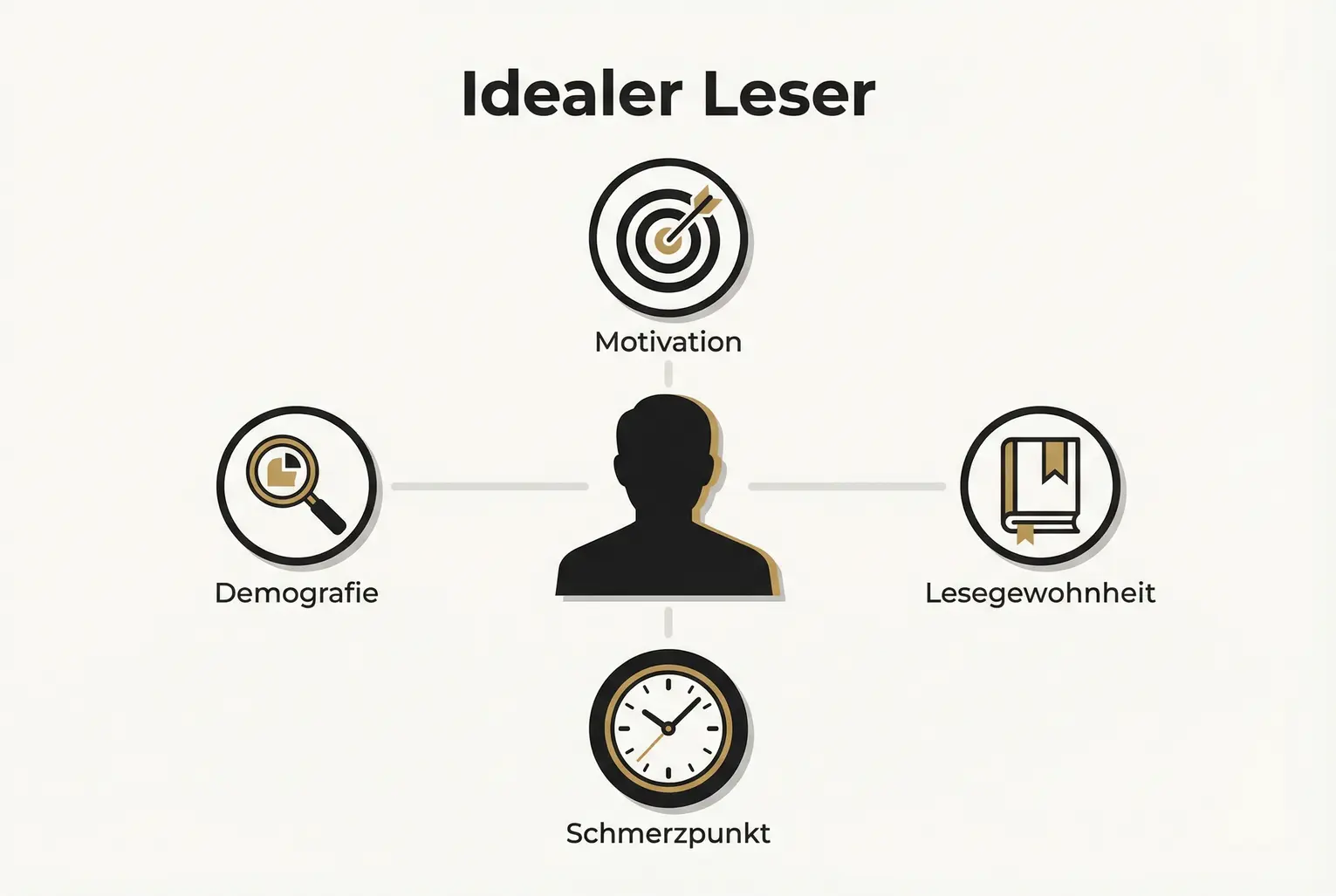 Visualisiert die Bestandteile eines idealen Leserprofils: Motivation, Demografie, Lesegewohnheiten und Schmerzpunkte — als Grundlage für gezielte Lead-Magneten.