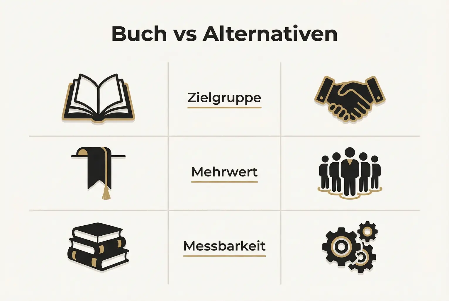 Gegenüberstellung: Wann ein Buch sinnvoll ist und wann alternative Maßnahmen (z. B. Partnerschaften, Events, Joint Ventures) mehr Impact bieten. Fokus auf Zielgruppe, Mehrwert und Messbarkeit.