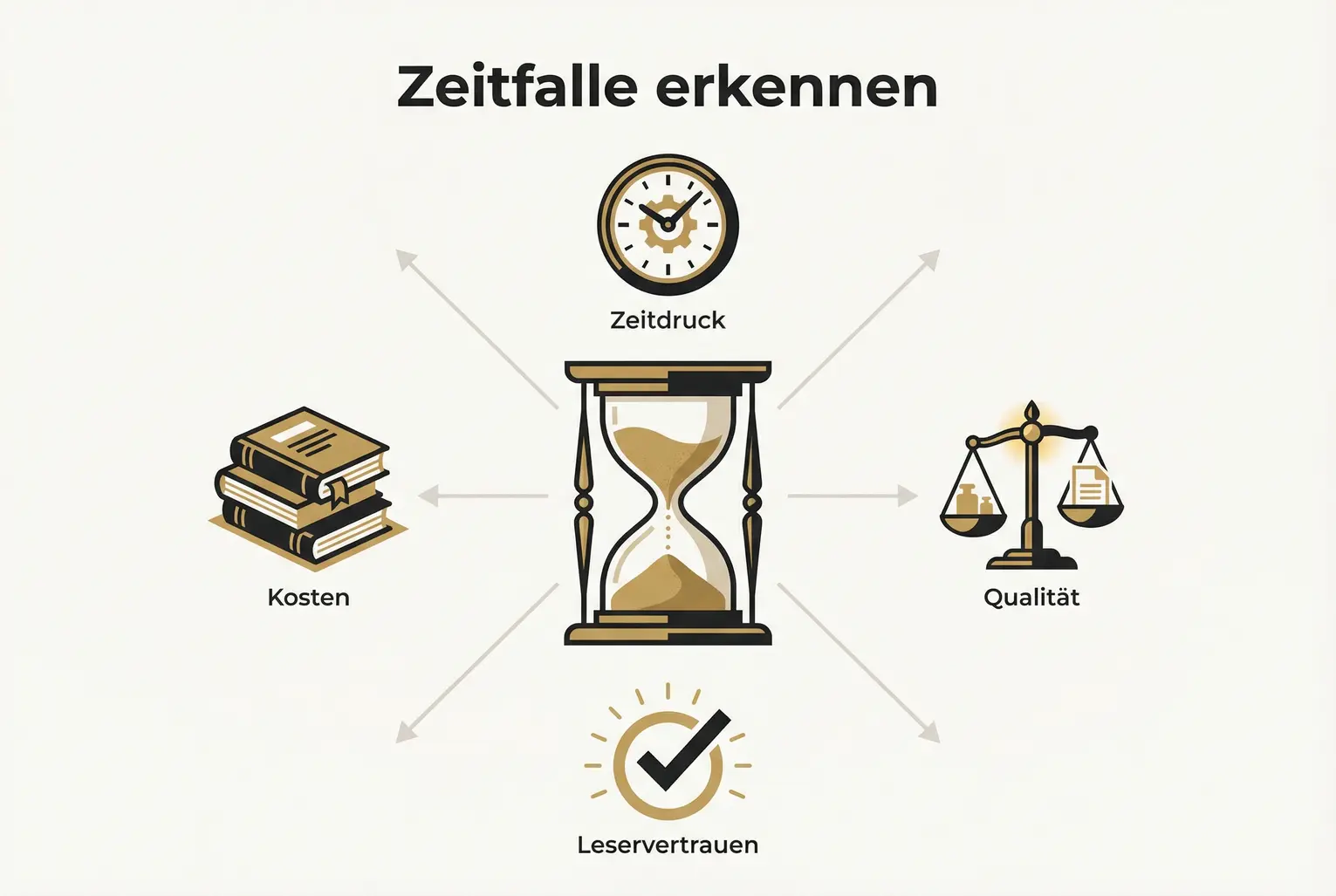 Visualisiert die zentrale 'Zeitfalle': Zeitdruck beeinflusst Entscheidungen in vier Bereichen und erhöht das Risiko von Qualitätskompromissen und Reputationsschäden beim Selfpublishing.