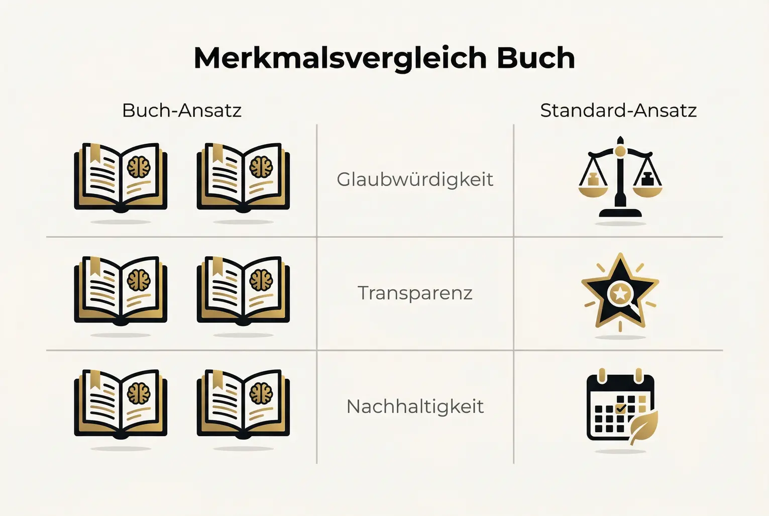 Gegenüberstellung: Buchzentrierter Ansatz vs. Standard-Ansatz über drei Merkmale—Glaubwürdigkeit, Transparenz, Nachhaltigkeit—zur Positionierungsentscheidung.