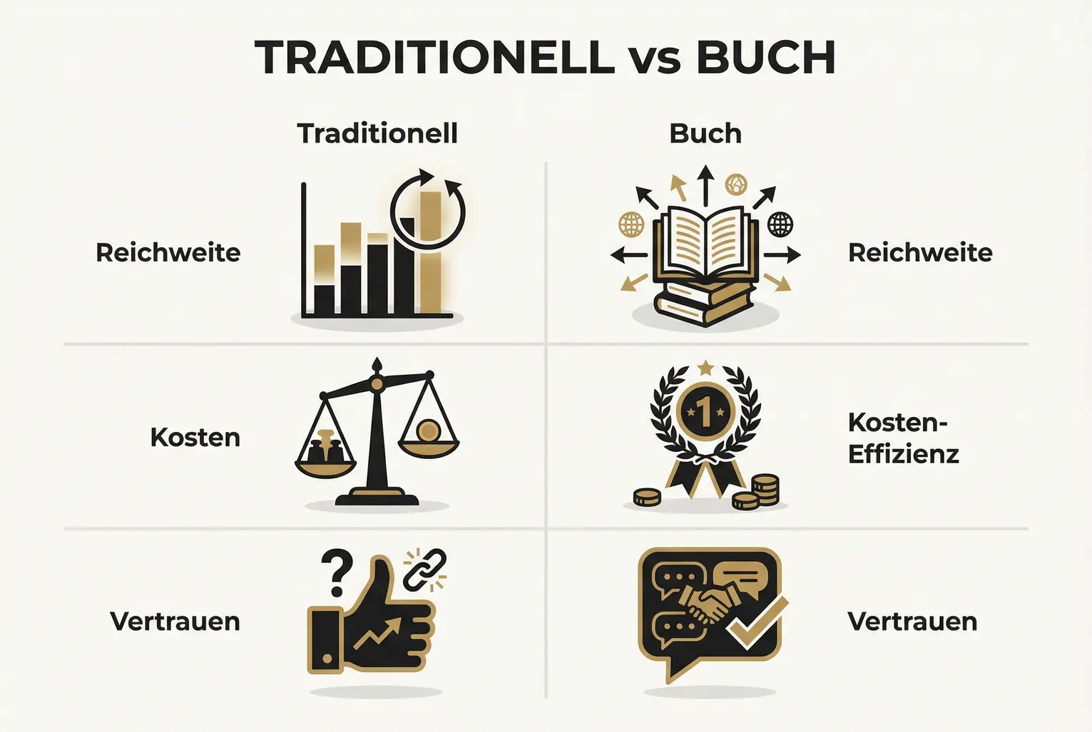 Klare Gegenueberstellung: Wo traditionelle Kanäle punkten und wo ein Buch als kosteneffektiver Vertrauens- und Reichweiten-Booster Vorteile bietet.