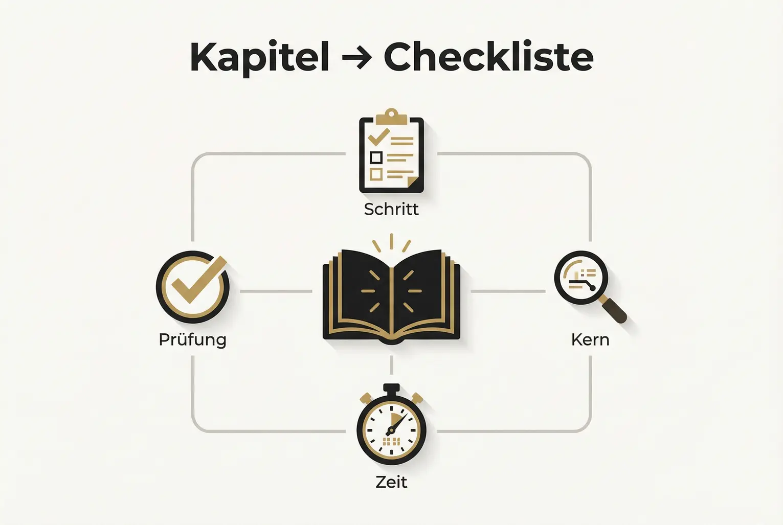 Zeigt, wie sich aus einem Buchkapitel sofort nutzbare Checklisten ableiten lassen: zentrale Idee, einzelne Aktionselemente und Zeitrahmen übersichtlich visualisiert.