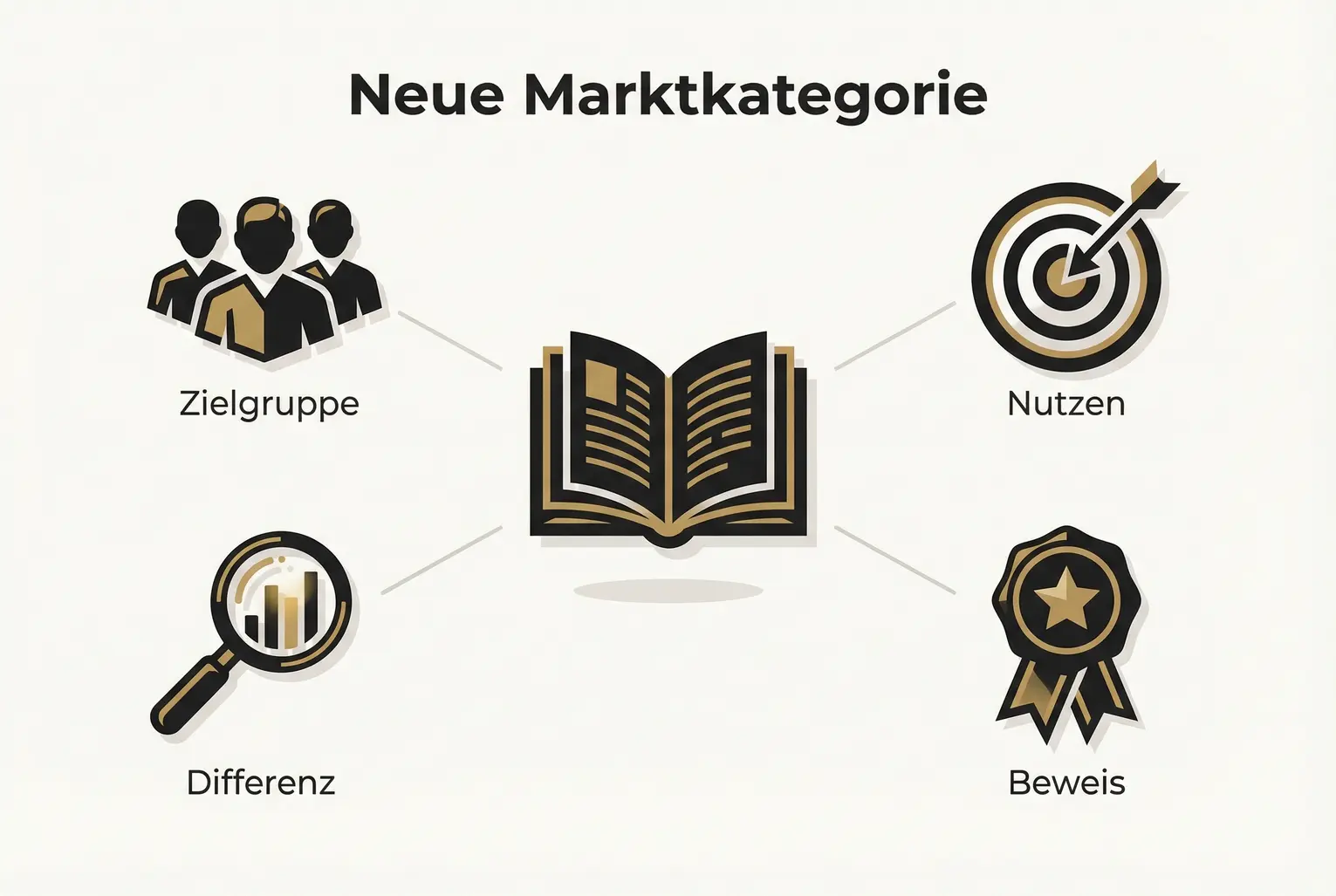 Ein Diagramm, das zeigt, wie ein Buch als zentraler Knotenpunkt fungiert, der Zielgruppe, Nutzen, Beweis und Differenzierung verbindet, um eine neue Marktkategorie zu schaffen.