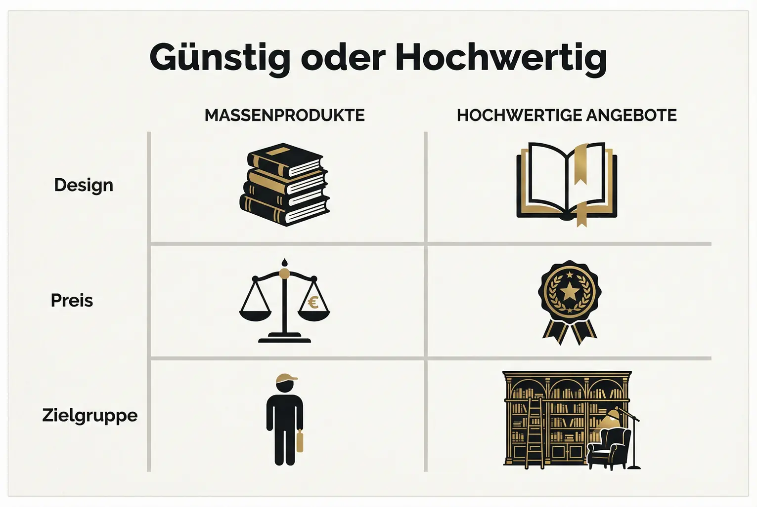 Eine Tabelle, die günstige Massenware und hochwertige Positionierung gegenüberstellt. Verglichen werden die Aspekte Design (austauschbar vs. einzigartig), Preis (niedrig vs. wertbasiert) und Zielgruppe (Masse vs. qualifizierte Leads).
