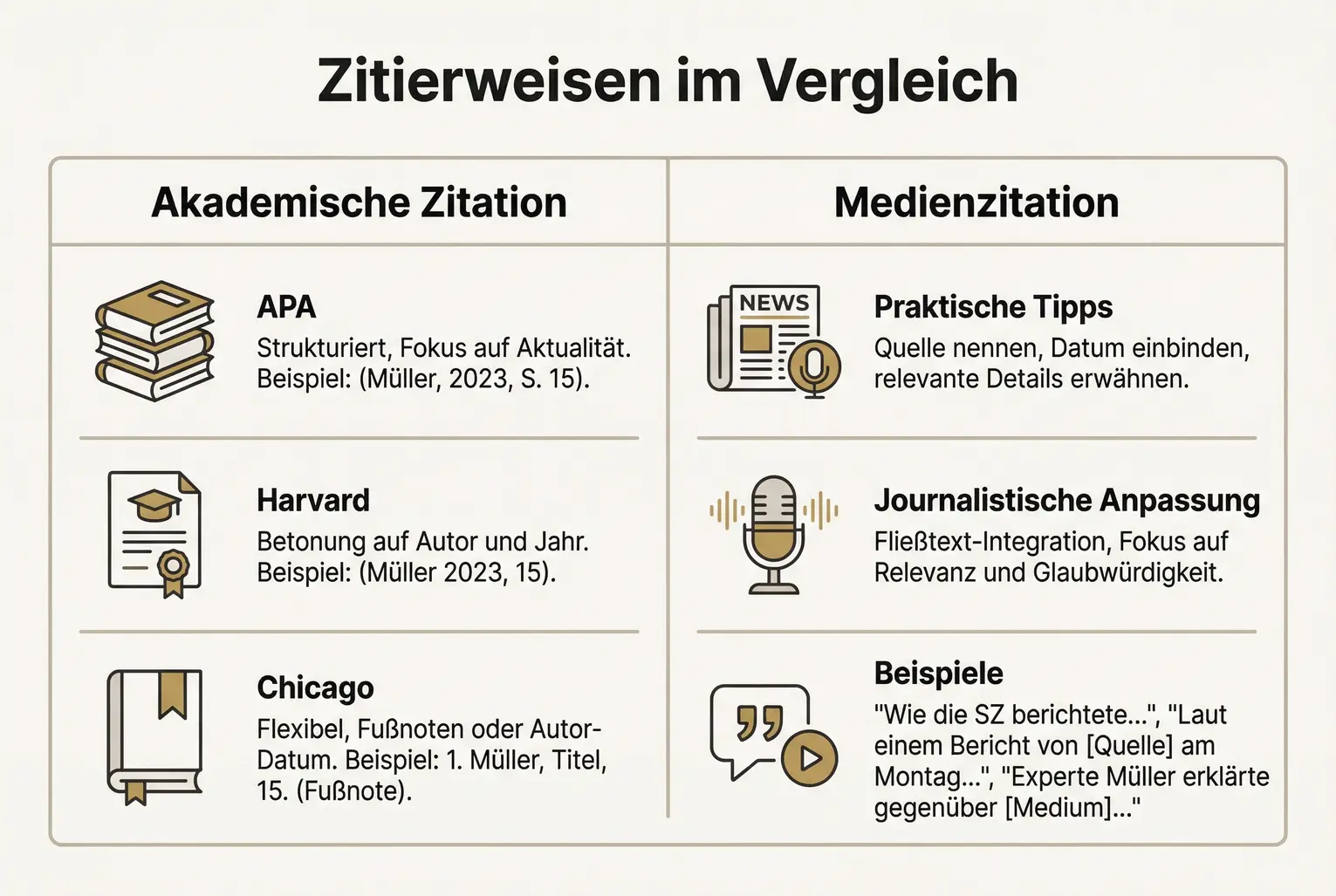 Vergleich zwischen akademischen Zitierweisen und anpassungsfähigen journalistischen Zitaten.