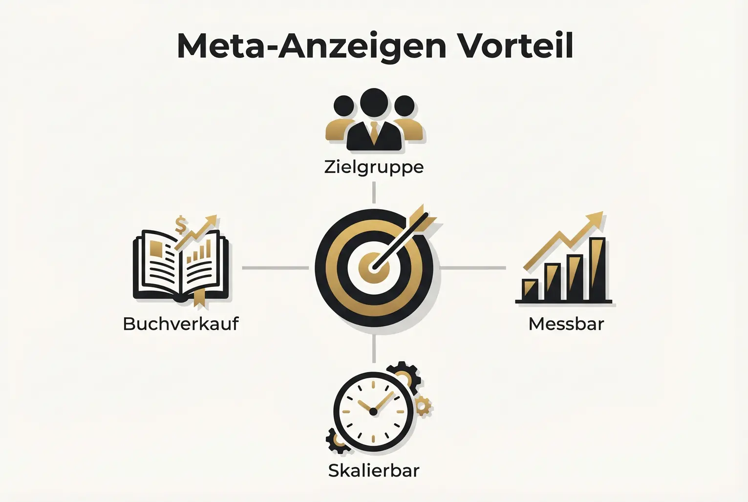 Übersicht: Warum Meta-Anzeigen ideal für den Online-Buchverkauf sind — Zielgruppenreichweite, Messbarkeit und Skalierbarkeit klar visualisiert.
