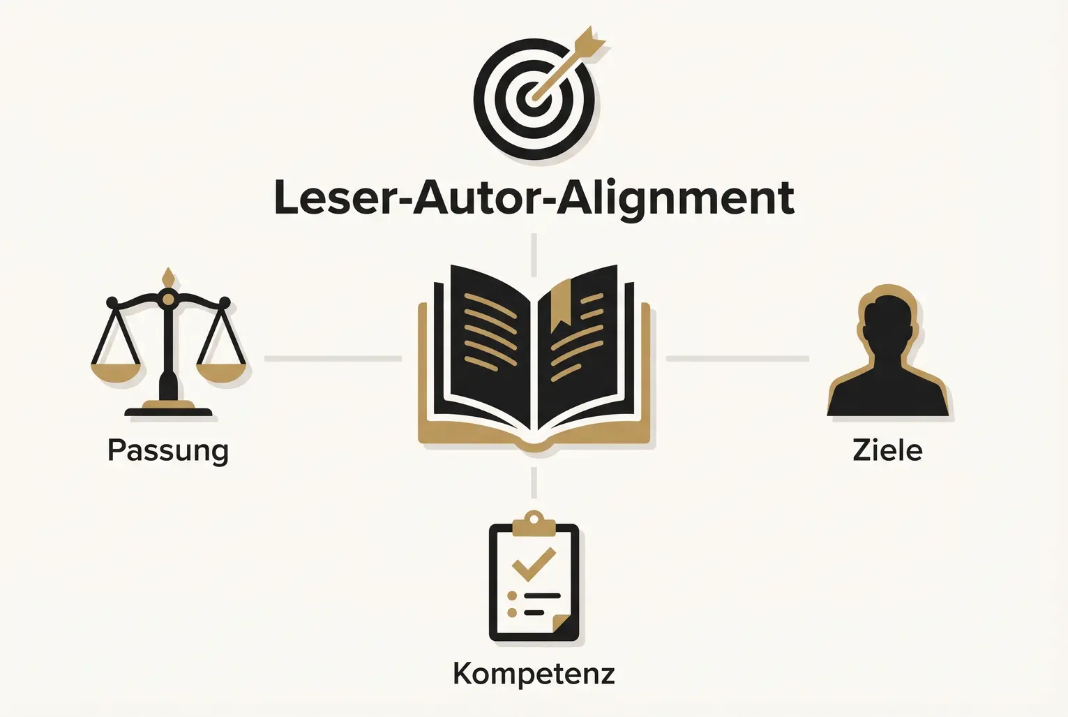 Framework-Visual: Zeigt, wie ein Buch anhand von Werten, Zielen, Kompetenz und Passung Leser qualifiziert und als Filter dient.