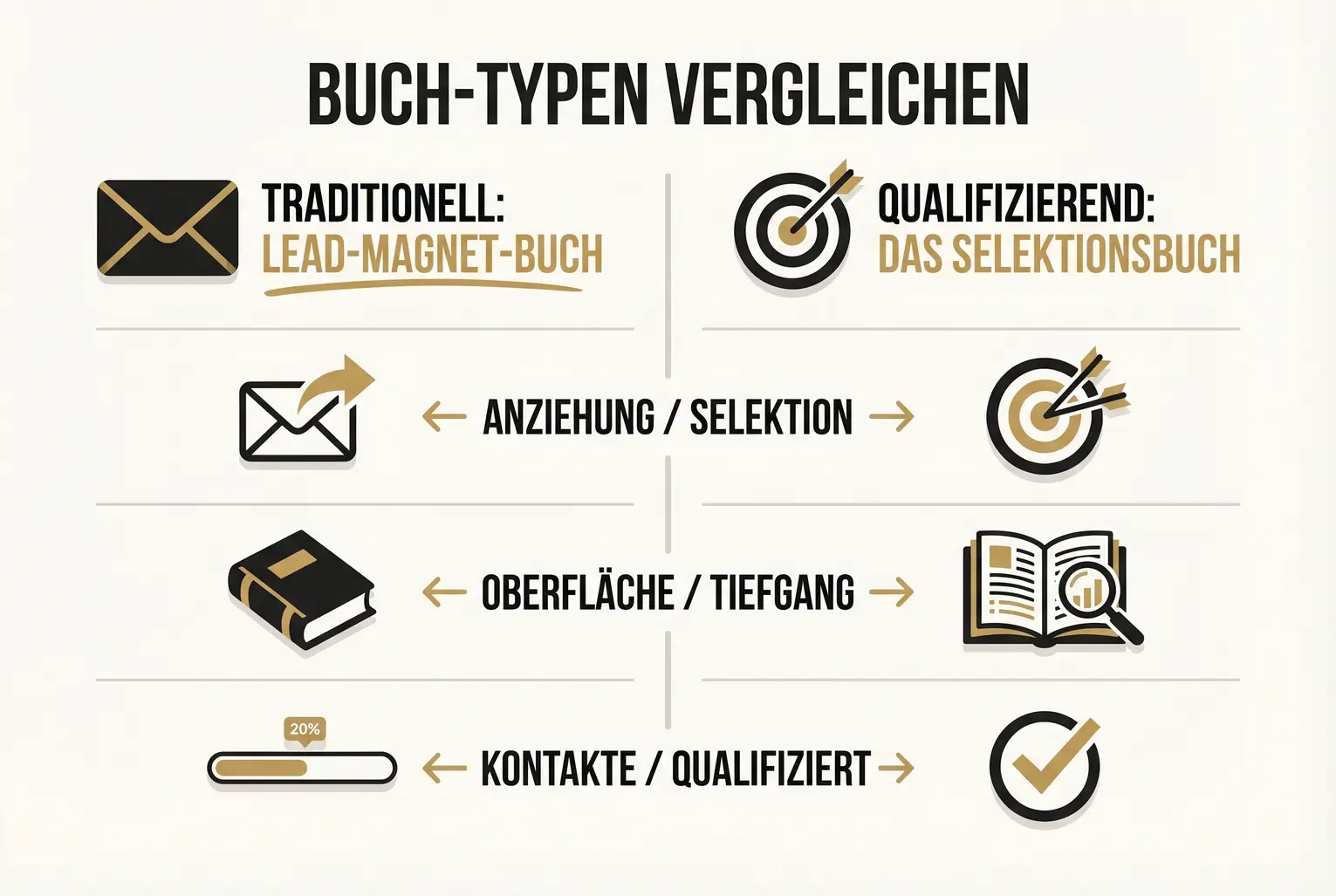 Vergleichs-Visual: Gegenüberstellung zweier Buchtypen zeigt, wie Inhaltstiefe und Zielsetzung zwischen reinen Lead-Magneten und qualifizierenden Büchern differieren.