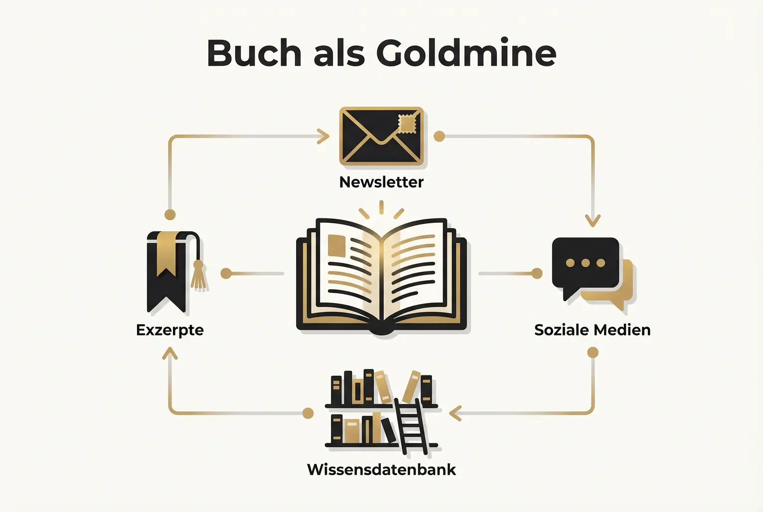 Darstellung des Buches als zentraler Inhaltspool: Exzerpte nähren Newsletter, Blog, soziale Medien und FAQs, um kontinuierlichen Mehrwert zu liefern.