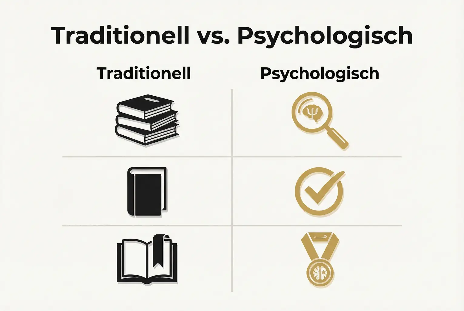 Vergleichs-Grid: Traditionelle Maßnahmen gegenüber psychologischen Taktiken — zeigt, welche psychologischen Elemente Empfehlungen und Glaubwürdigkeit stärken.