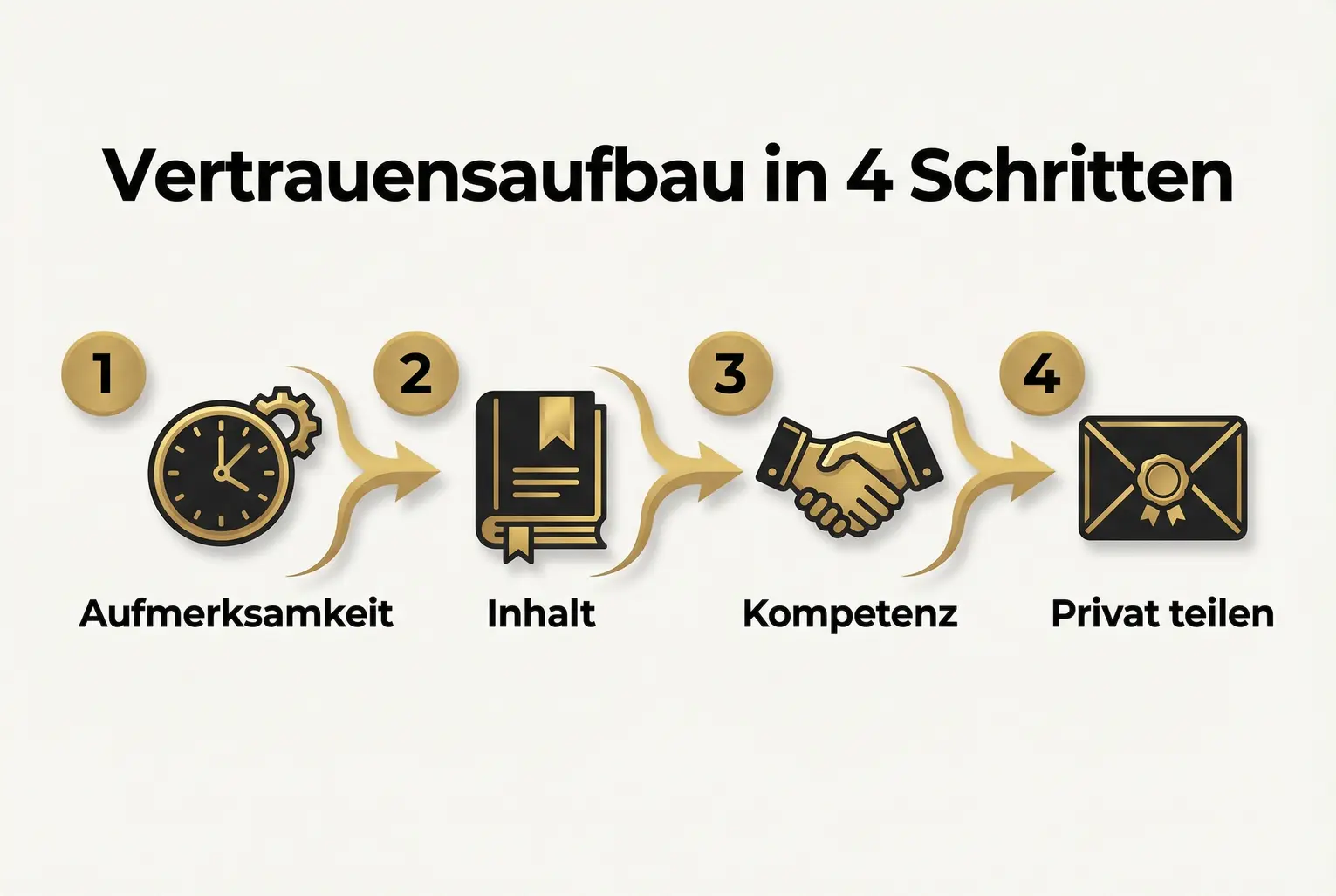 Praktische Schritt-für-Schritt-Grafik: Vier umsetzbare Maßnahmen, mit denen Autoren Vertrauen aufbauen und das Teilen inklusive Dark Social fördern können.