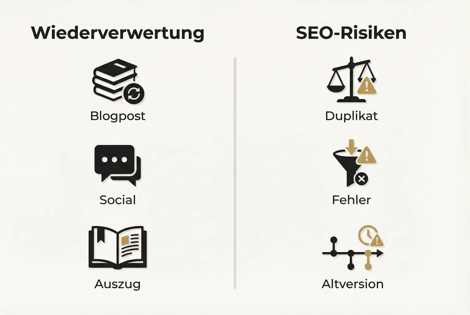 Vergleich: sichere Wiederverwertungsstrategien neben häufigen SEO-Risiken – zeigt, wie man Formate nutzt und Duplicate Content vermeidet.