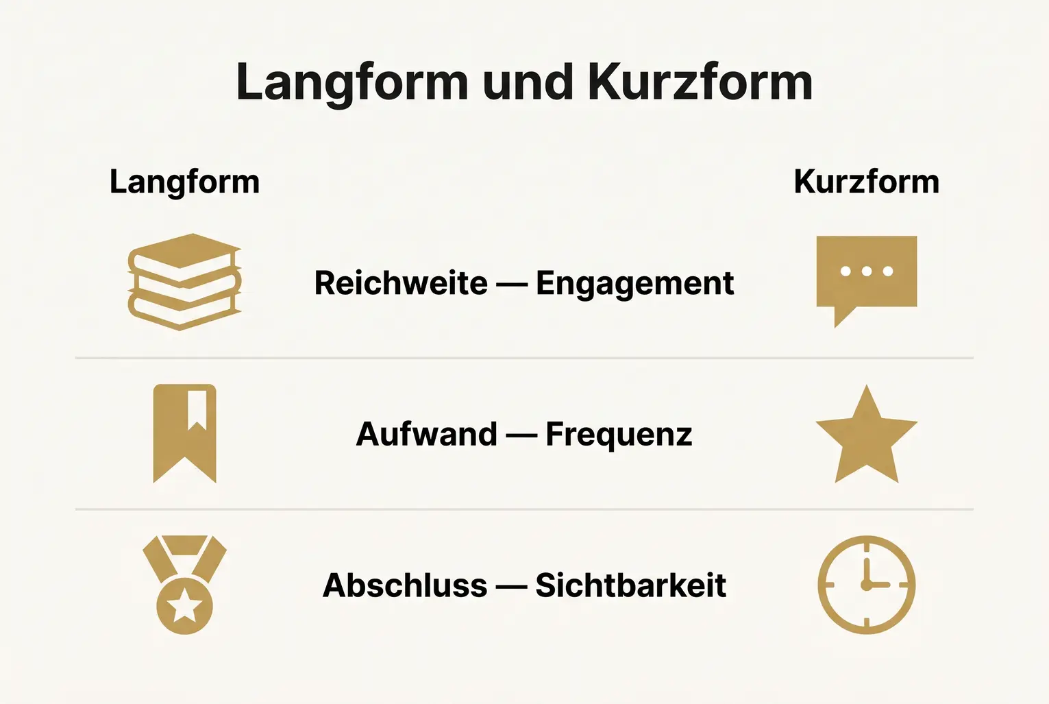 Vergleich: Dieses Raster zeigt kompakt, wann Langform (Blogs) und wann Kurzform (soziale Beiträge) strategisch sinnvoller sind — Abwägung von Reichweite, Aufwand und Abschluss.