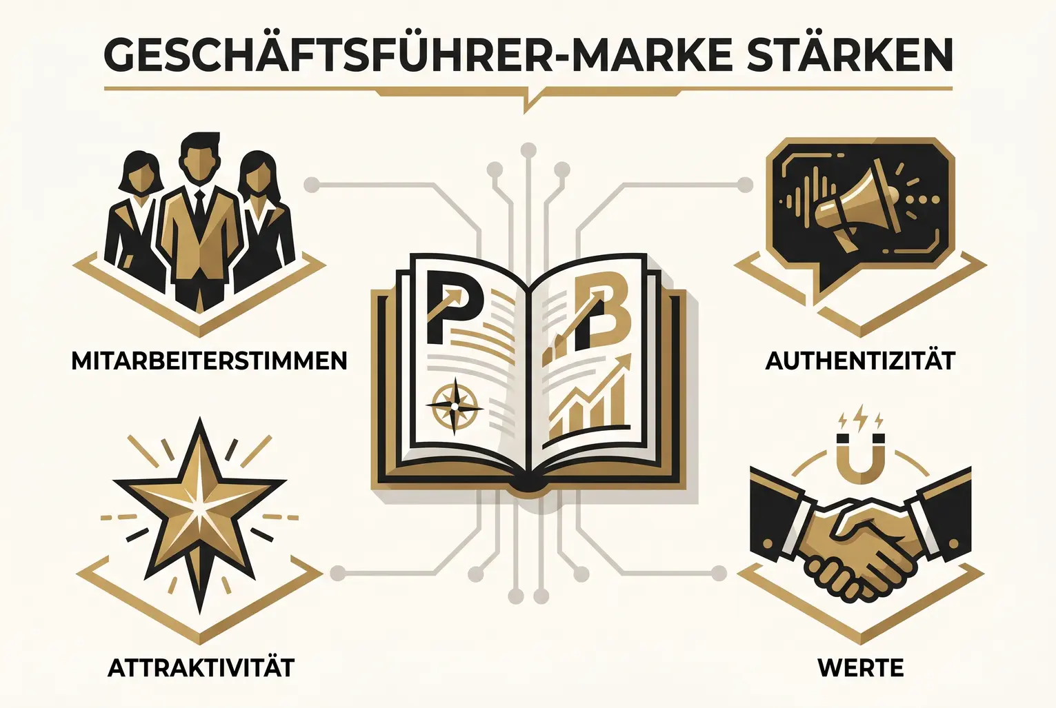 Das zentrale Buch visualisiert die persönliche Marke der Geschäftsführung; vier Satelliten erklären, wie Werte, Authentizität und Mitarbeitenden‑Stimmen zur Arbeitgeberattraktivität führen.