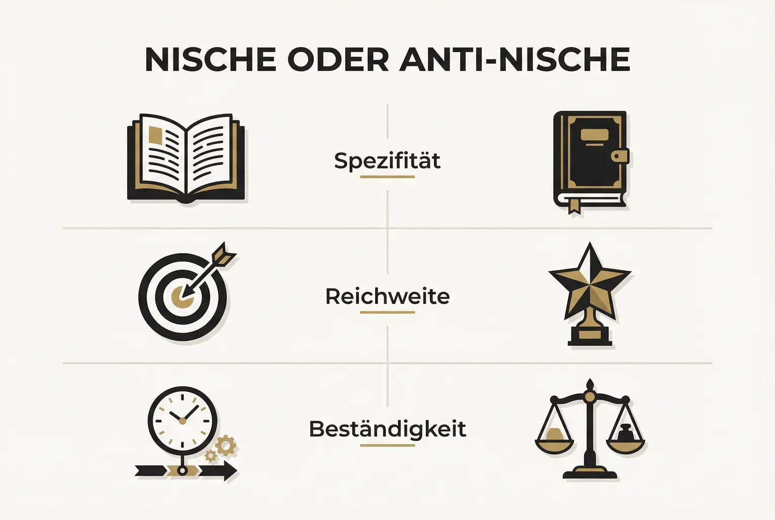 Vergleichende Übersicht, die zeigt, wie fokussierte Autor-Nischen und breitere Strategien in Spezifität, Reichweite und Beständigkeit differieren.