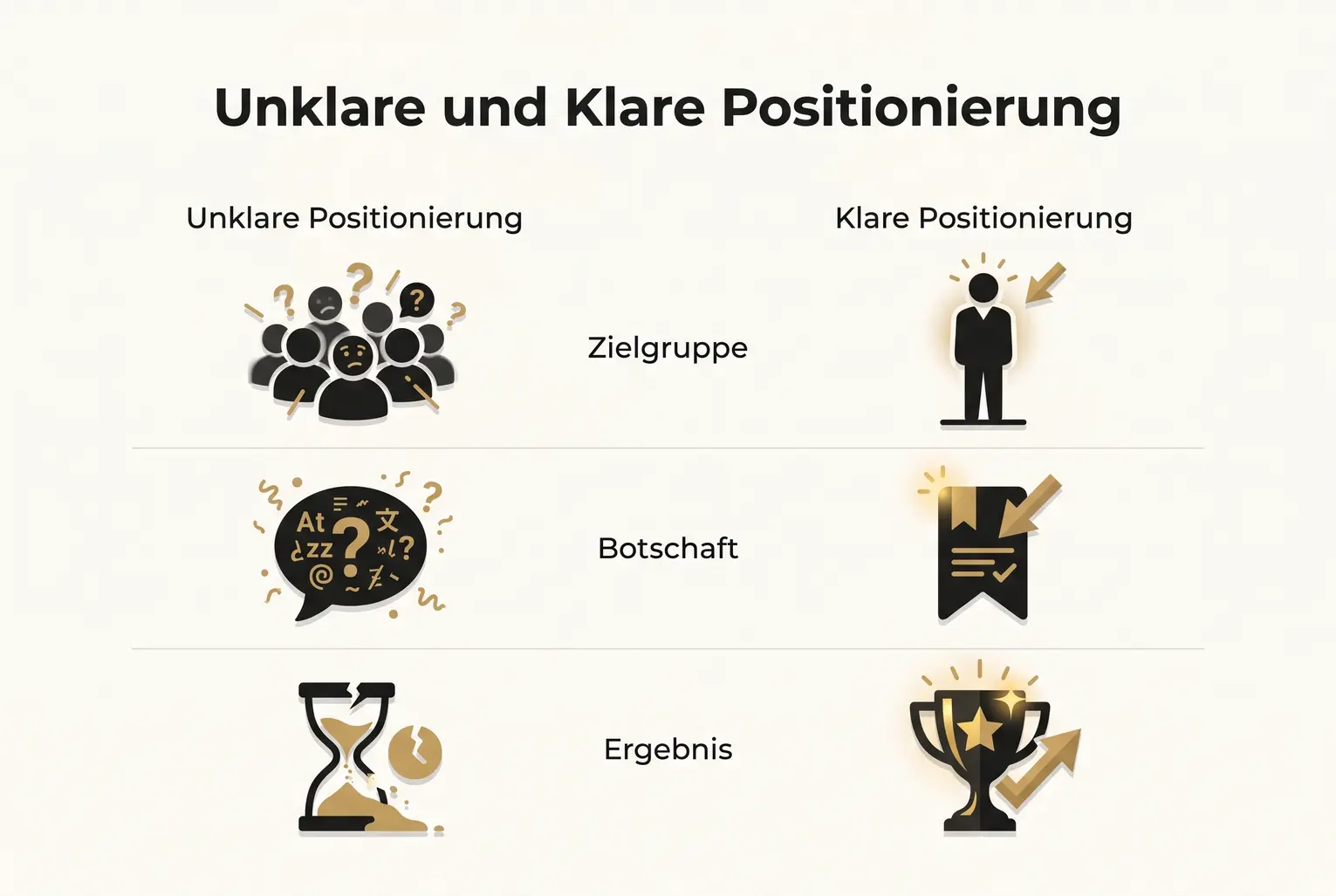 Gegenüberstellung: Zeigt konkret, wie sich unklare versus klare Positionierung auf Zielgruppe, Botschaft und Ergebnis auswirkt und warum Klarheit wichtig ist.