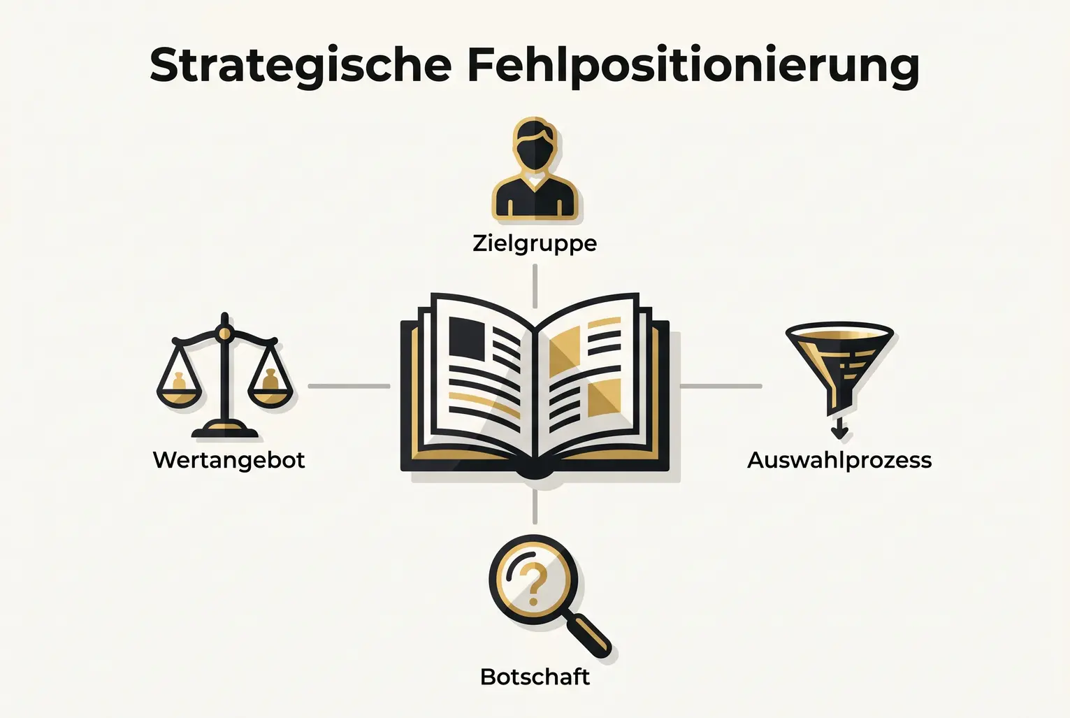 Zentrales Konzeptbild: Ein offenes Buch zeigt, wie unklare Zielgruppe, Botschaft oder Wertangebot zur strategischen Fehlpositionierung im Selfpublishing führen.