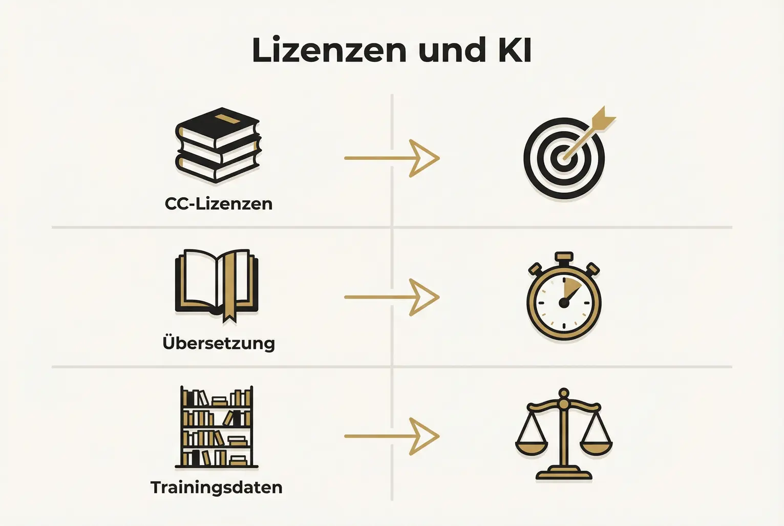 Zweispaltiger Vergleich, der typische Lizenzfragen neben KI-spezifischen Risiken stellt, hilfreich für Entscheidungen bei automatisierter Wiederverwendung.