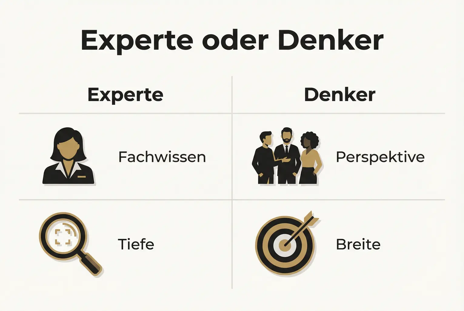 Gegenüberstellung: Experten zeichnen sich durch Tiefe und Fachwissen aus, Denker durch breite Perspektiven und öffentliche Einflussnahme — der entscheidende Wahrnehmungsunterschied.