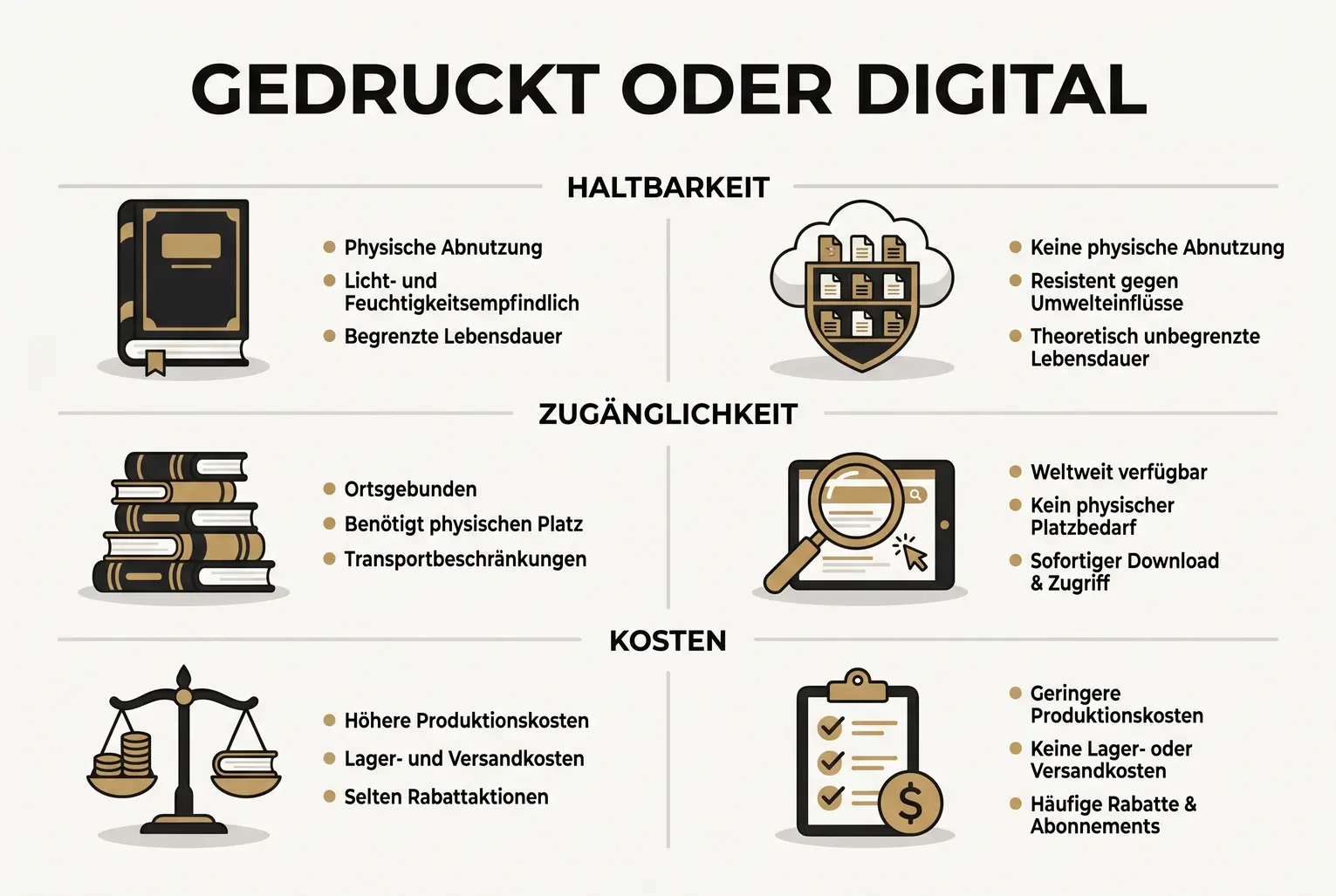 Vergleich zwischen gedruckter und digitaler Ausgabe anhand von Haltbarkeit, Zugänglichkeit und Kosten — erleichtert die Wahl des richtigen Formats.