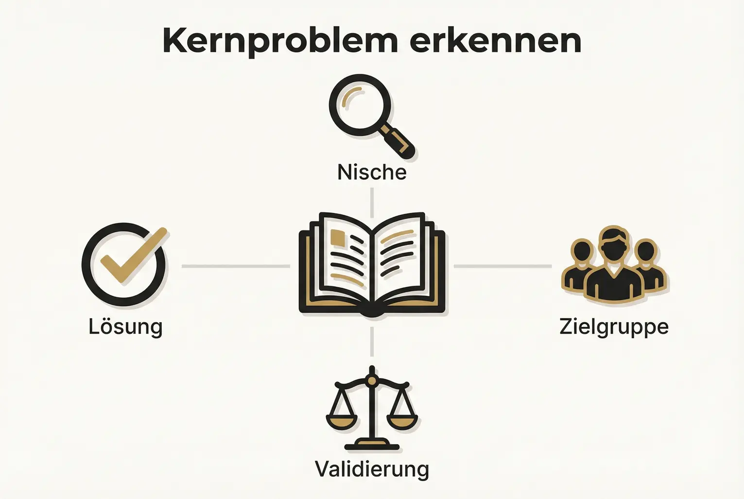 Zeigt, wie ein Buch durch präzise Problemanalyse zum zentralen Nachschlagewerk wird: Nische, Zielgruppe, Validierung und Lösung als visuelle Bausteine.