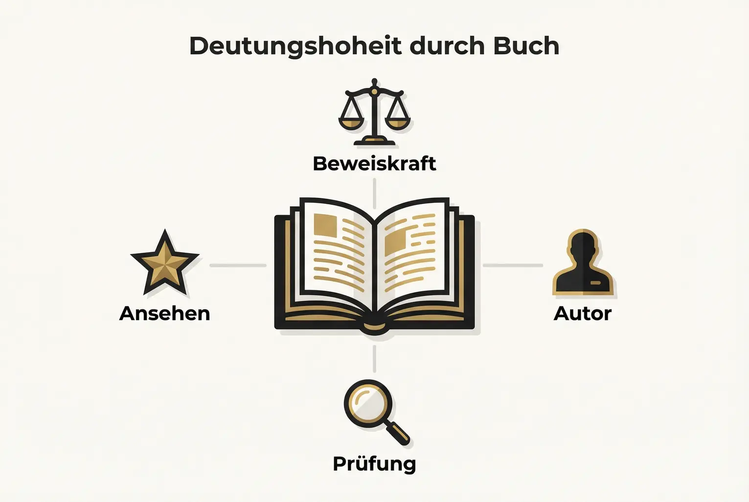 Grafik zeigt, wie ein veröffentlichtes Buch als zentrales, dokumentiertes Beweismittel Deutungshoheit, Autorenschaft, Prüfung und Ansehen schafft.