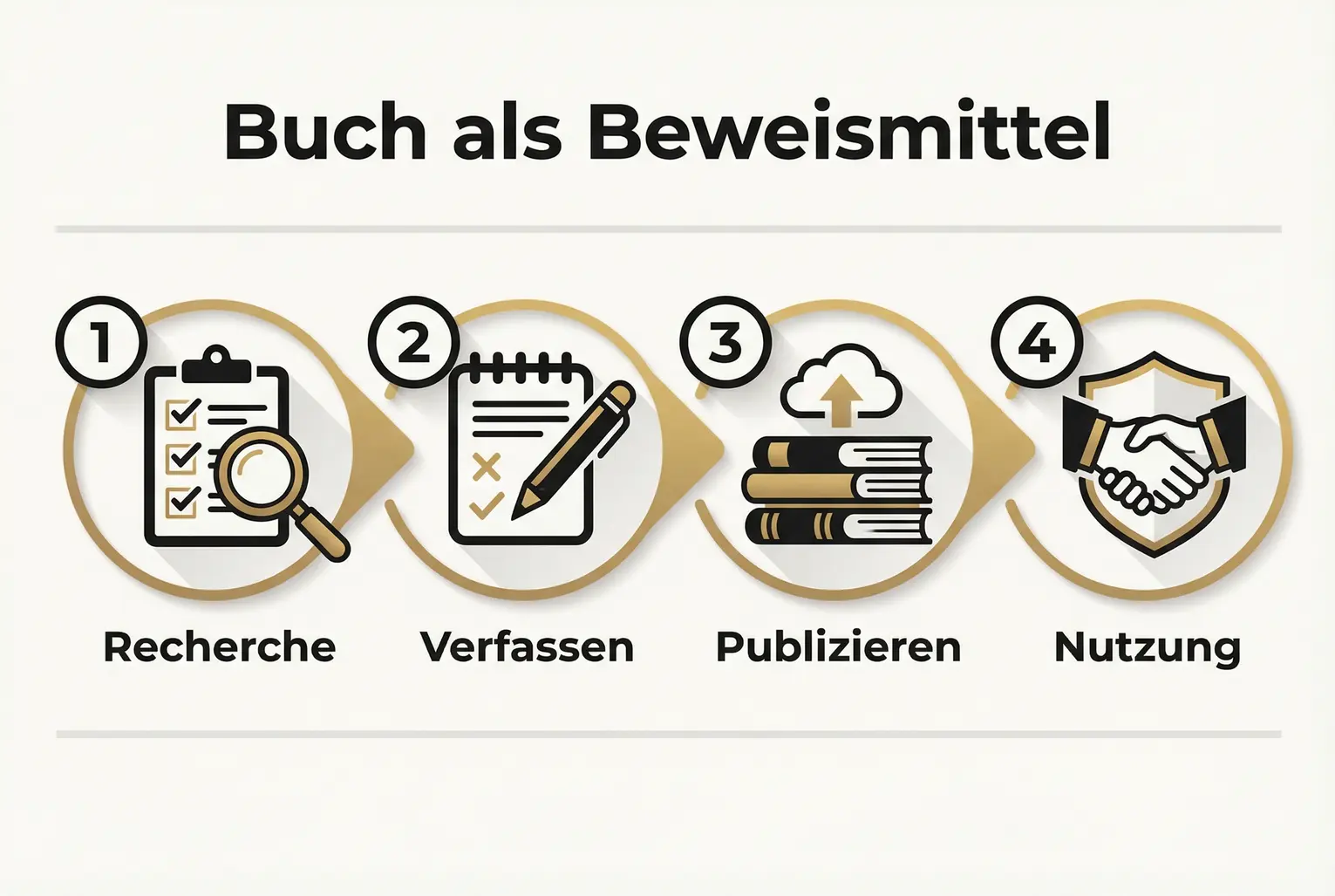 Schritt-für-Schritt-Visualisierung: Von der Recherche über das Schreiben bis zur strategischen Nutzung eines Buches als dokumentierte Argumentationsgrundlage.