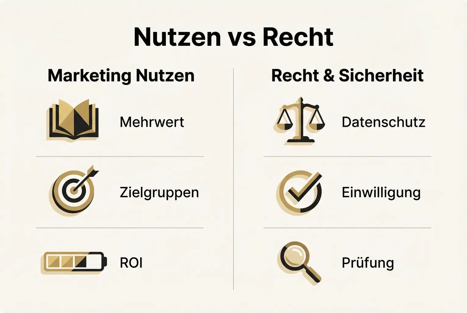 Vergleichsgrafik, die Vorteile der Datennutzung und die notwendigen rechtlichen Maßnahmen gegenüberstellt, um sichere Marketingstrategien zu planen.