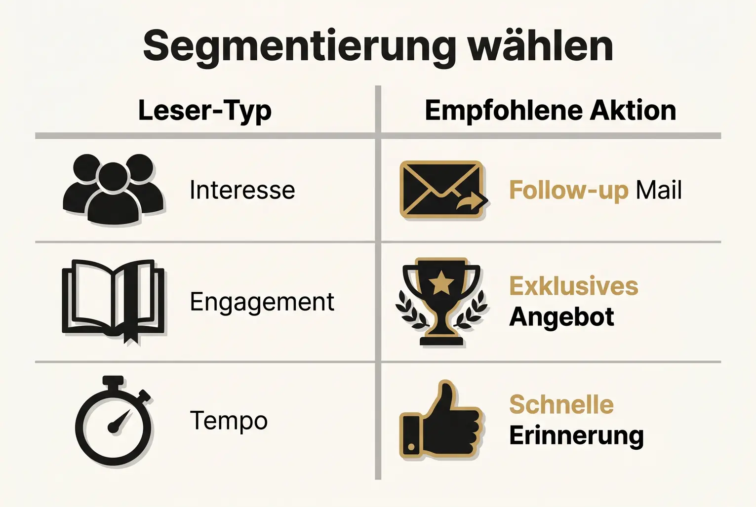 Eine Vergleichstabelle, die verschiedene Lesersegmente, passende Follow-up-Aktionen und die relevanten KPIs zur Erfolgsmessung gegenüberstellt.