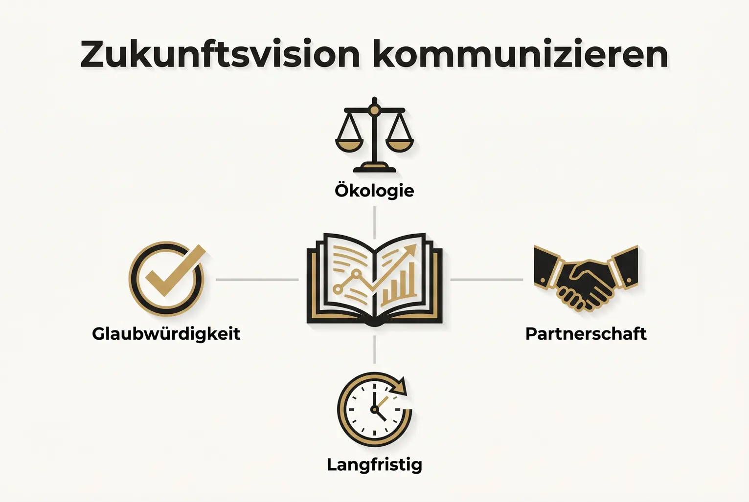 Visualisiert, wie dein Buch als zentrales Element eine klare Zukunftsvision vermittelt und die vier Kernaspekte zeigt, die strategische Langzeitpartner anziehen.