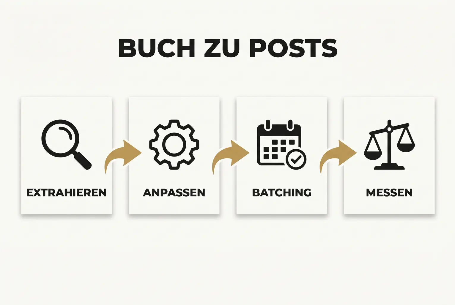 Veranschaulicht den Workflow von Buchinhalten zu geplanten Social-Posts: Ideen finden, anpassen, in Batches planen und Erfolg messen.