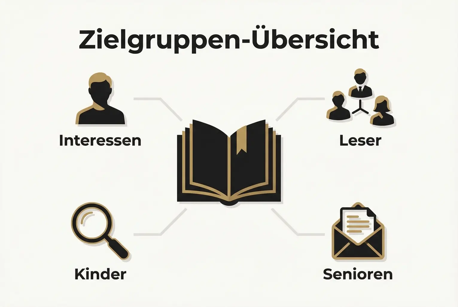 Übersichtsgrafik, die zentrale Zielgruppensegmente rund um ein Buch zeigt und so die Grundlage für segmentierte Content‑Automatisierung legt.