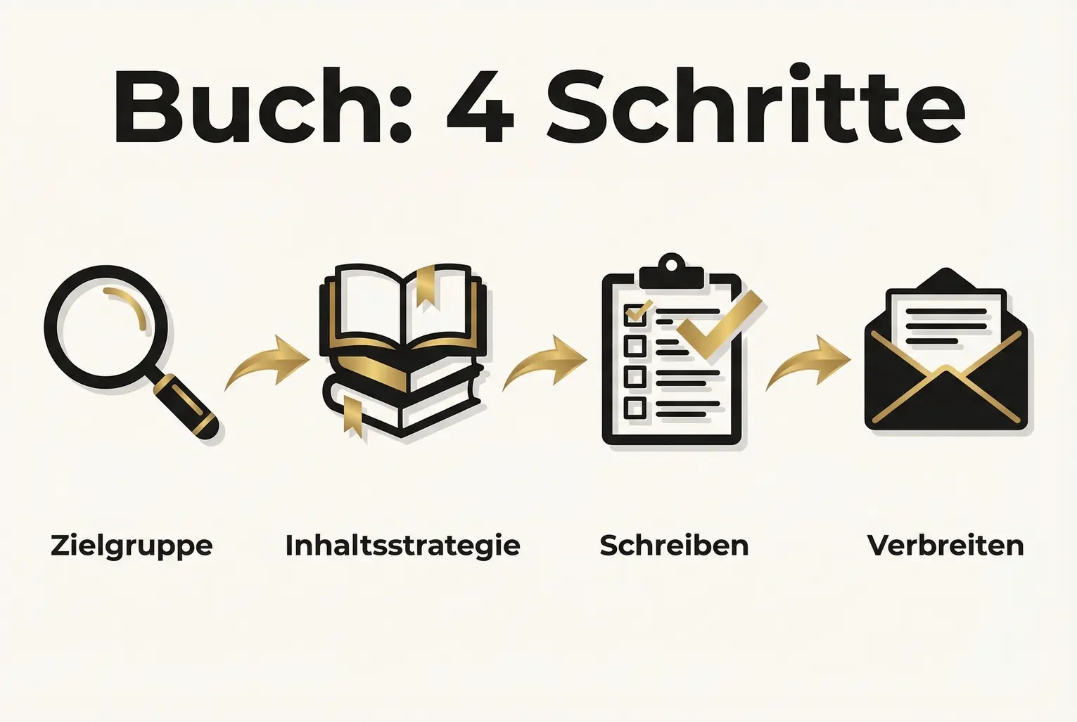 Vierstufige Prozessgrafik, die den praktischen Weg vom Zielgruppenkonzept bis zur Verbreitung des Buches zeigt — ideal für Umsetzungsabschnitte.
