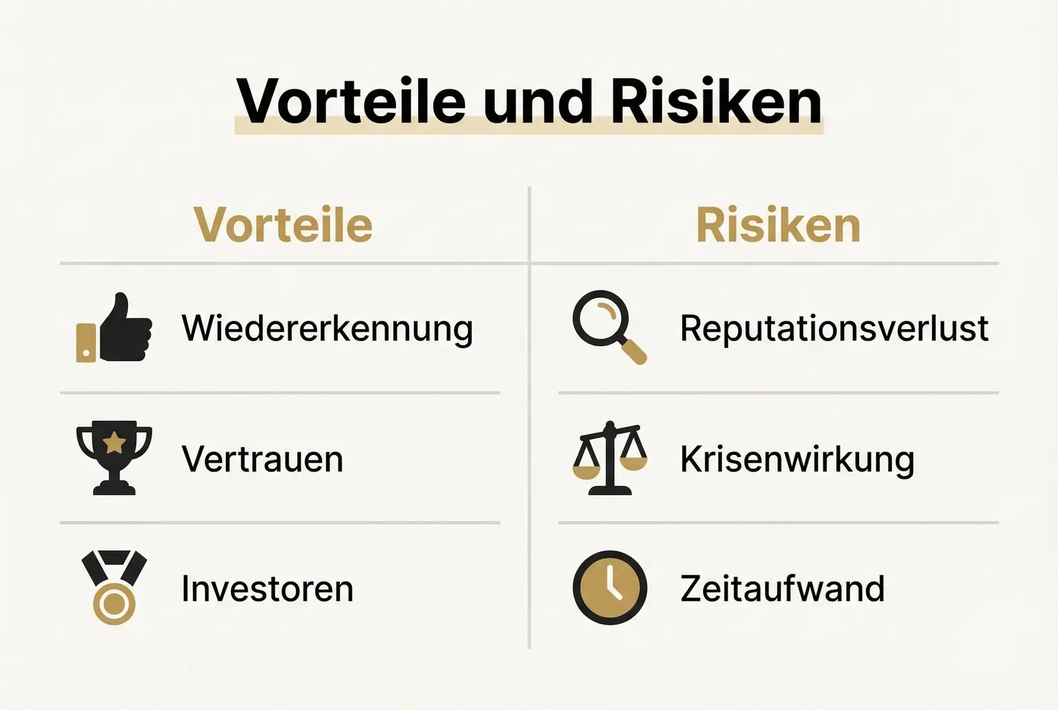 Klare Gegenüberstellung: Entscheider sehen auf einen Blick, welche quantifizierbaren Vorteile eine CEO-Markenstrategie bringt und welche Risiken zu managen sind.