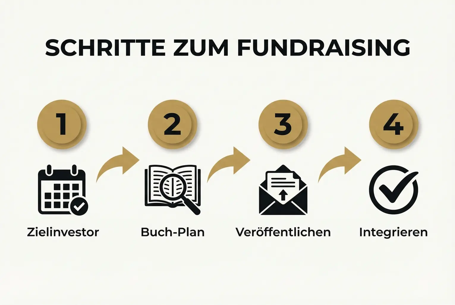 Konkreter Vier-Schritt-Plan, um ein Expertenbuch gezielt für die Kapitalakquise einzusetzen: Zieldefinition, Planung, Veröffentlichung und Integration in Outreach.